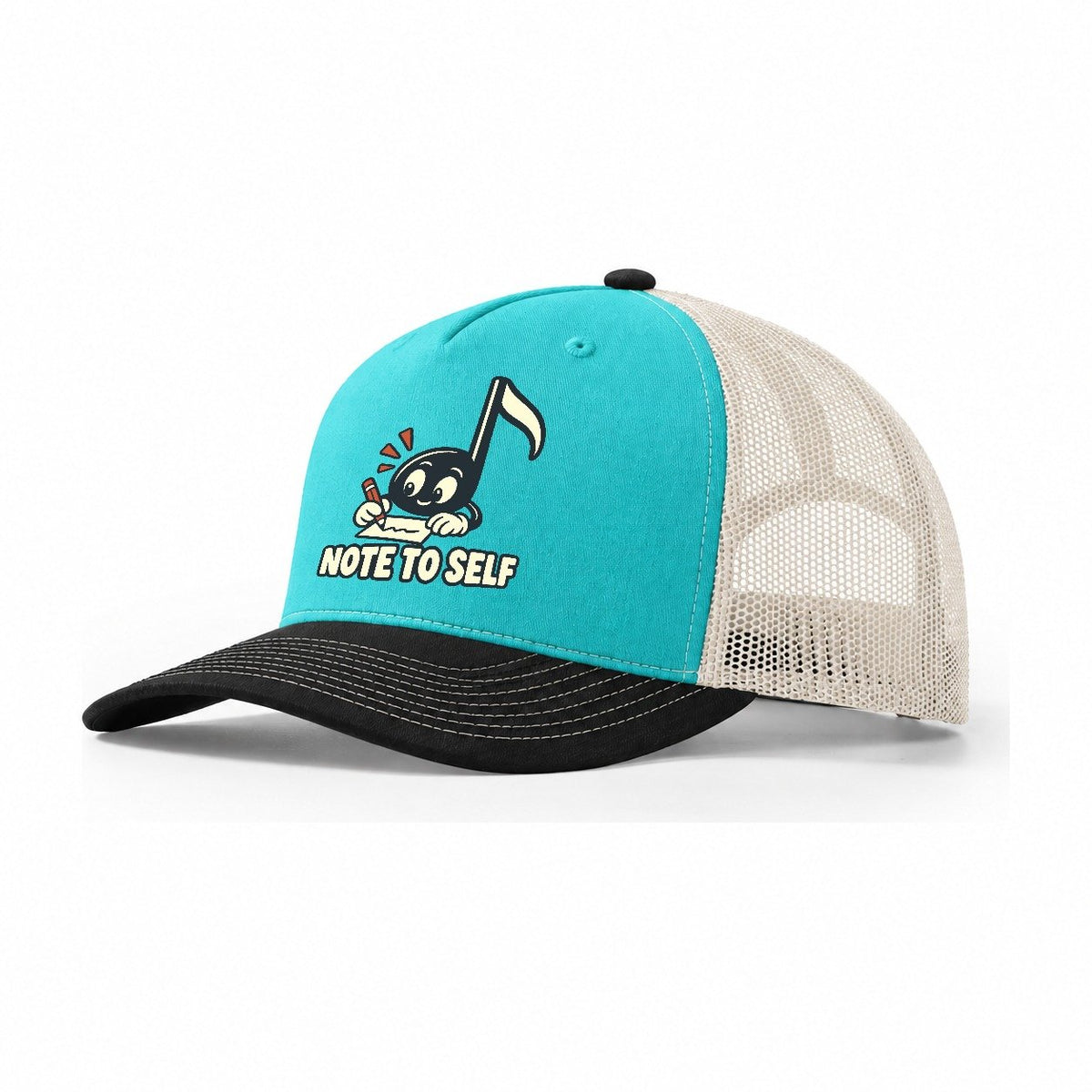 Note To Self Familiar Punchlines Trucker Hat – Aqua Black White