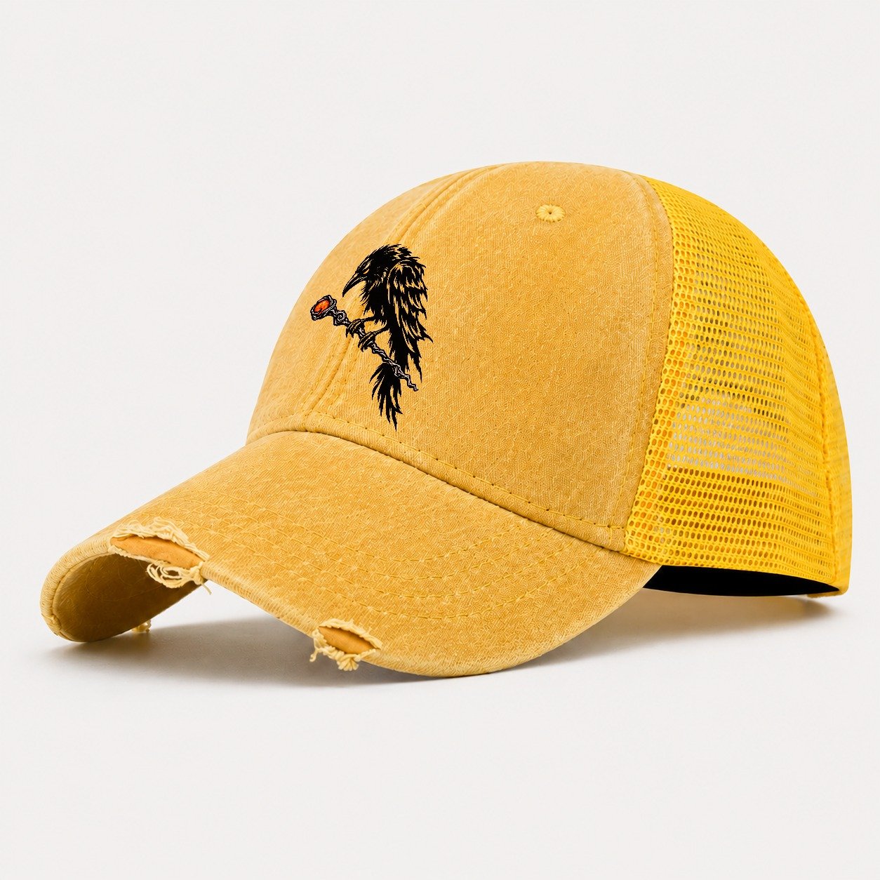 Raven Perched On A Wand Witch Magic Washed Trucker Hat – Yellow
