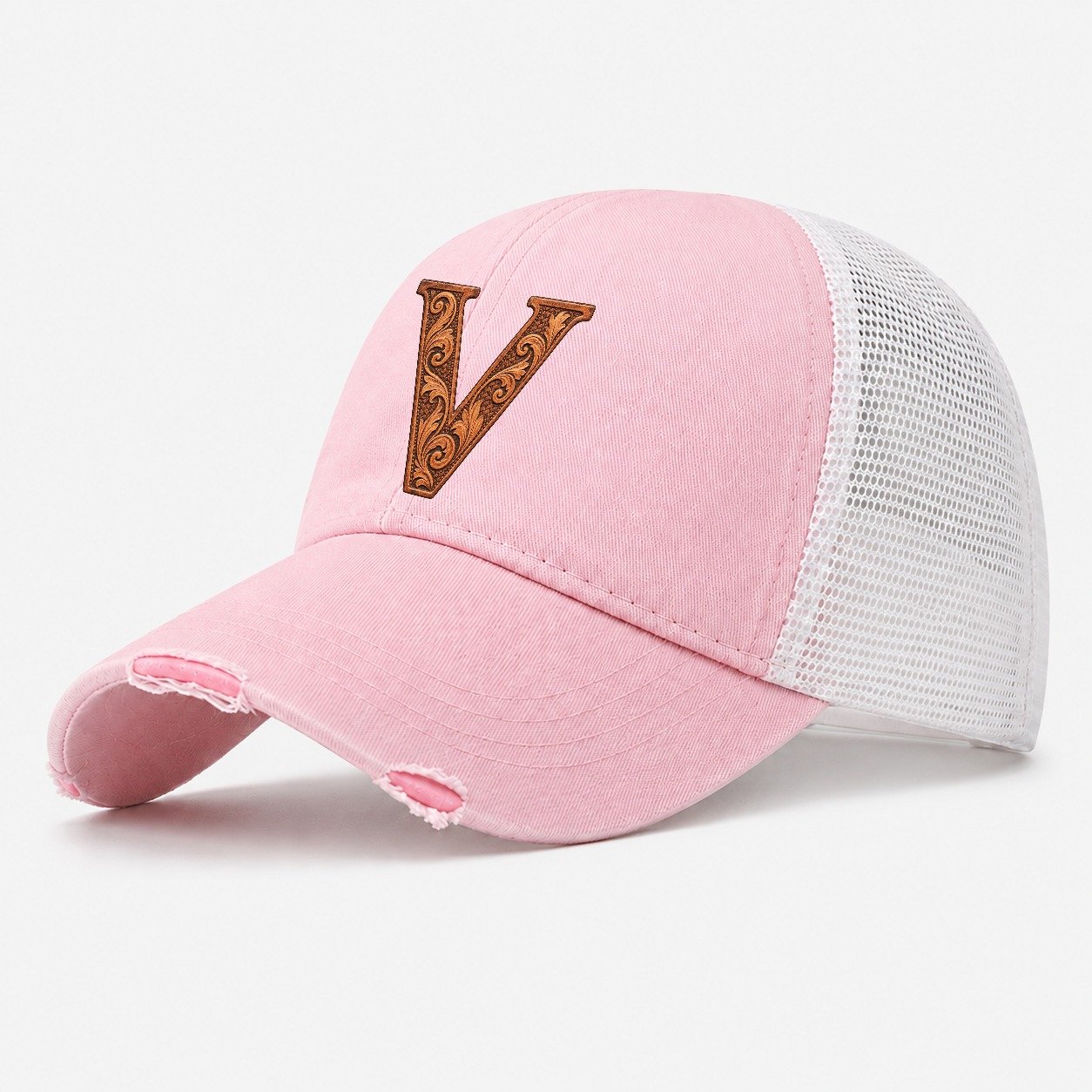 Tooled Leather V Monogram Washed Trucker Hat – Light Pink