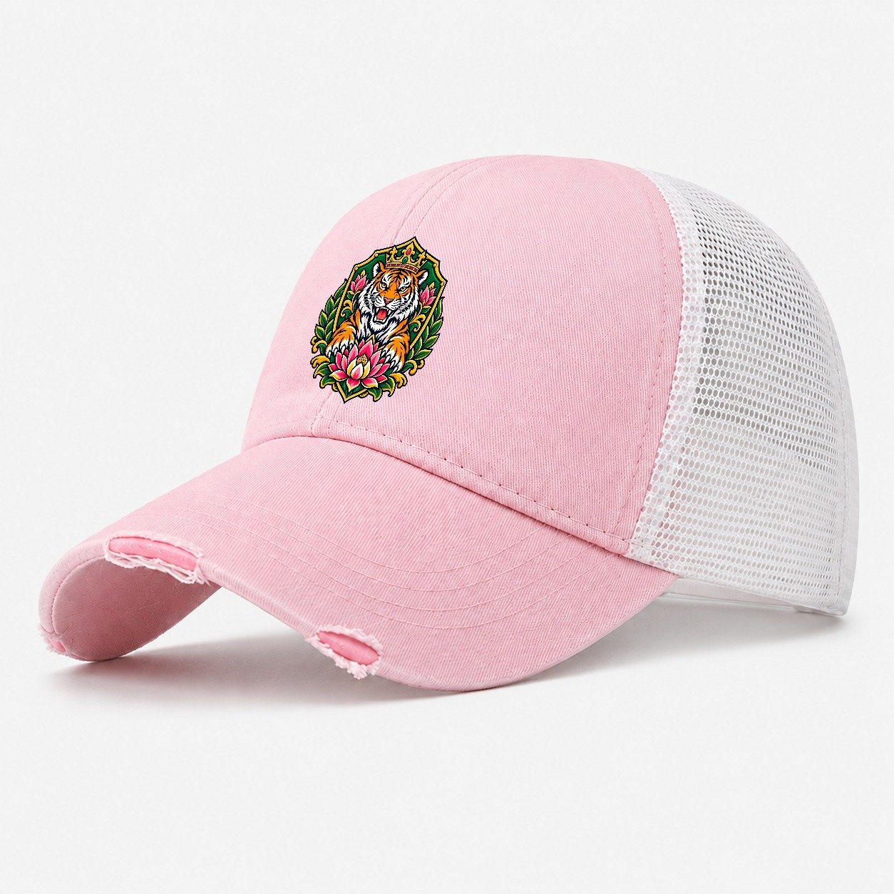 India Heraldic Crest Country Logos Washed Trucker Hat – Light Pink