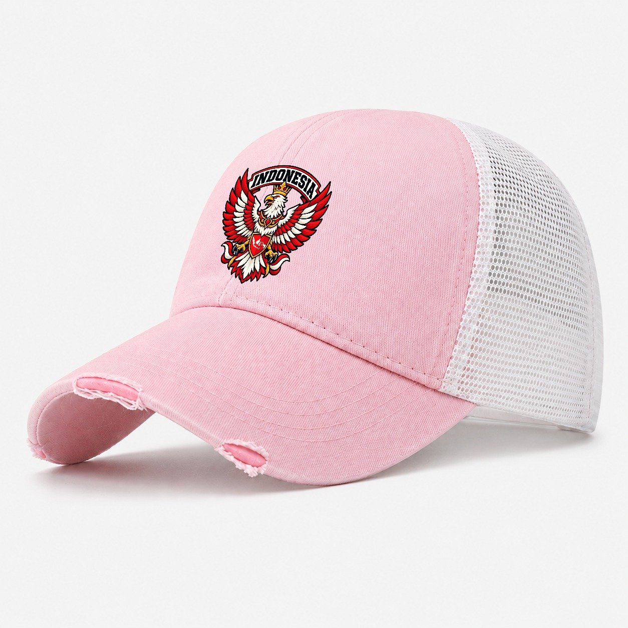 Indonesia Retro Badge Country Logos Washed Trucker Hat – Light Pink