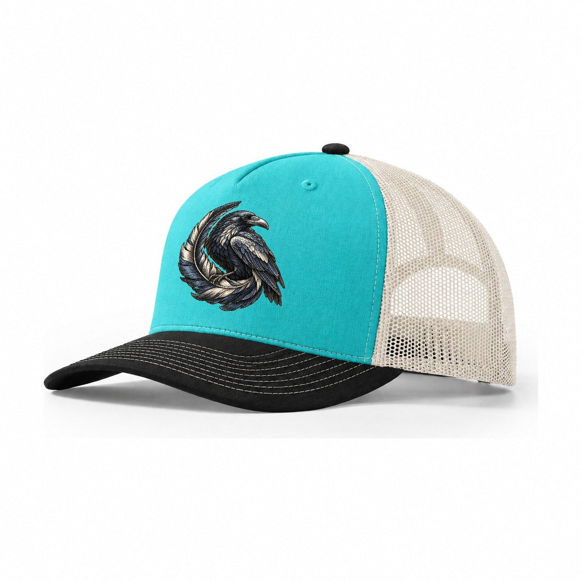 Raven Feather Spiral Everyday Originals Trucker Hat – Aqua Black White