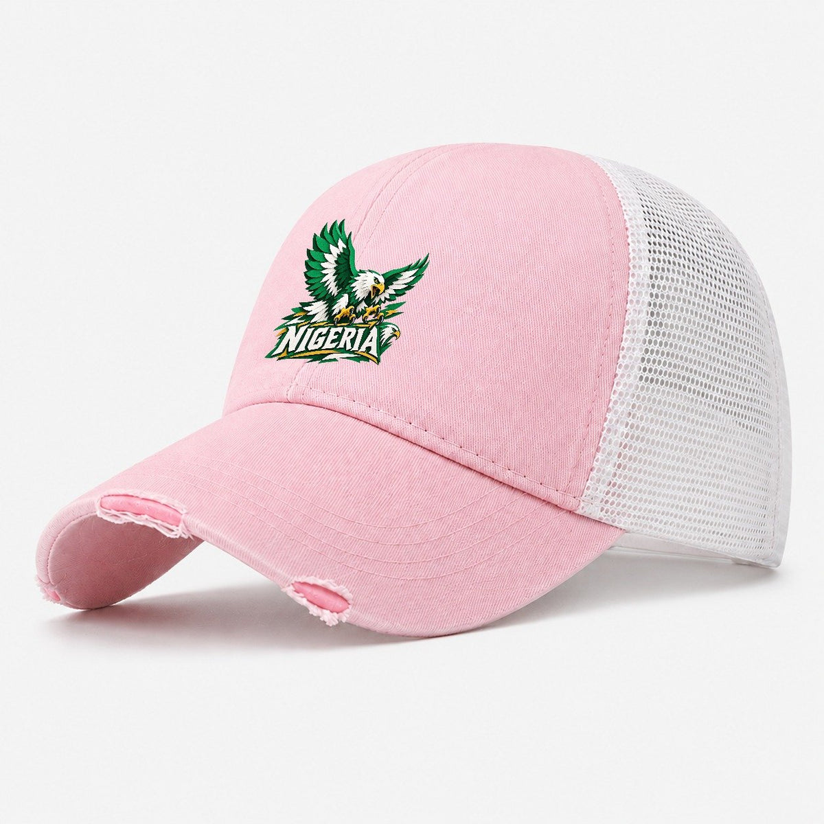 Nigeria Cut-Paper Retro Badge Washed Trucker Hat – Light Pink