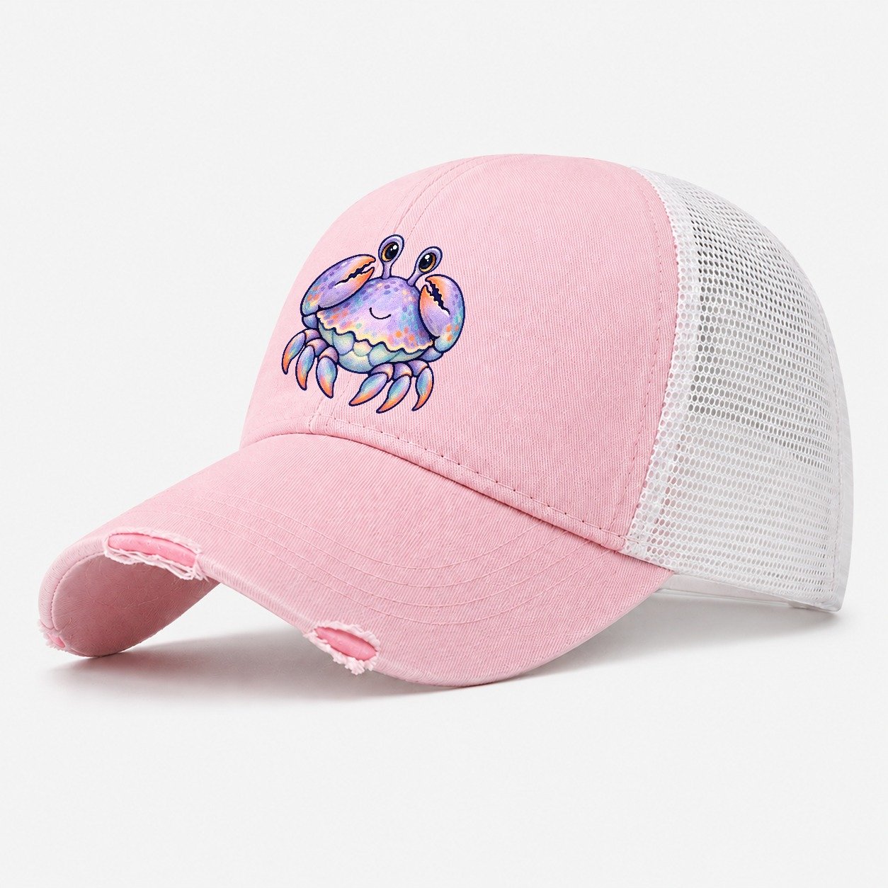 Crab Tucked Claw Hug Sea Sprite Washed Trucker Hat – Light Pink
