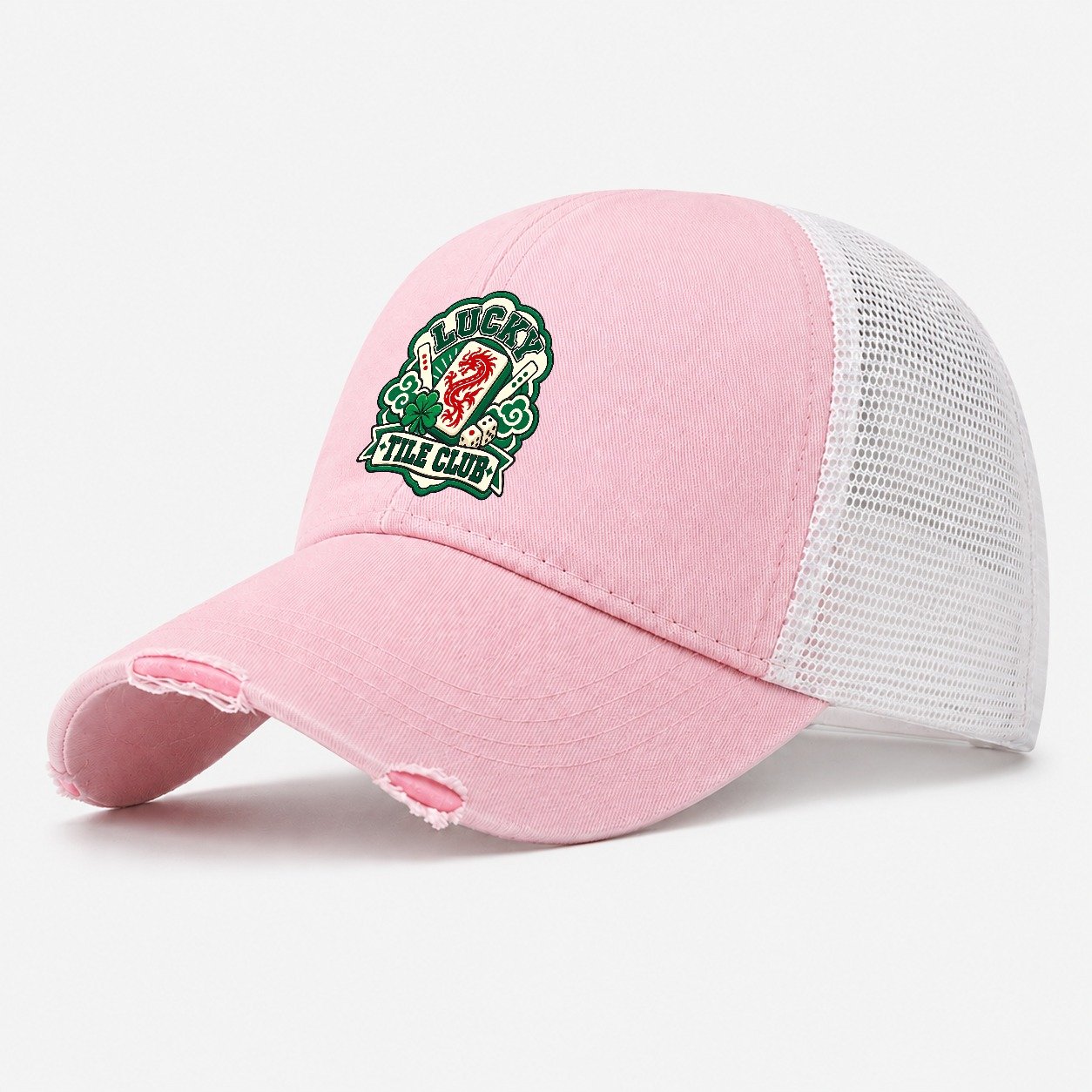 Lucky Tile Club Mahjong Game Night Washed Trucker Hat – Light Pink