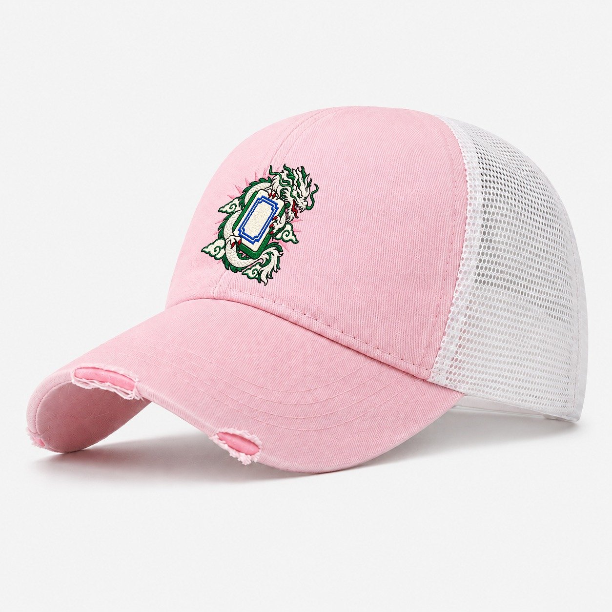 White Dragon Mahjong Game Night Washed Trucker Hat – Light Pink