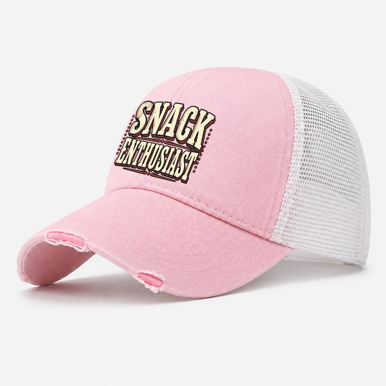 Snack Enthusiast American Wit Washed Trucker Hat – Light Pink