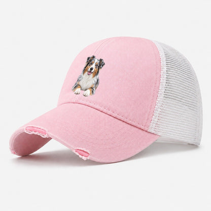 Australian Shepherd Sitting Top Breeds Washed Trucker Hat – Light Pink