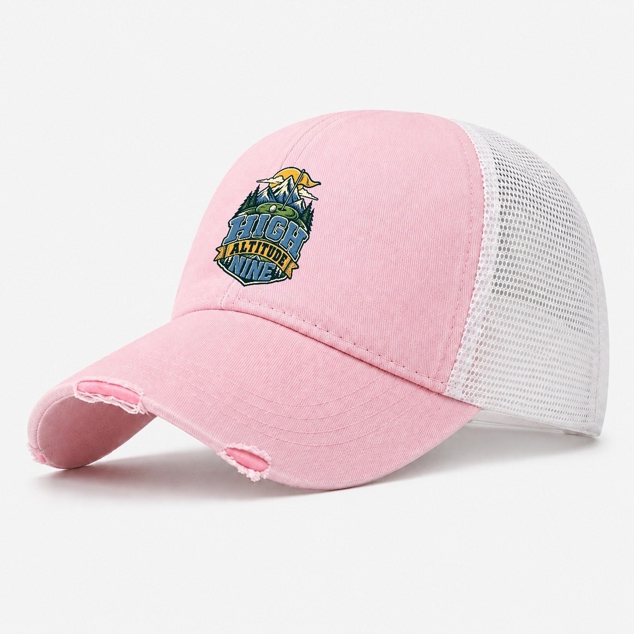 High Altitude Nine Golf Life Washed Trucker Hat – Light Pink
