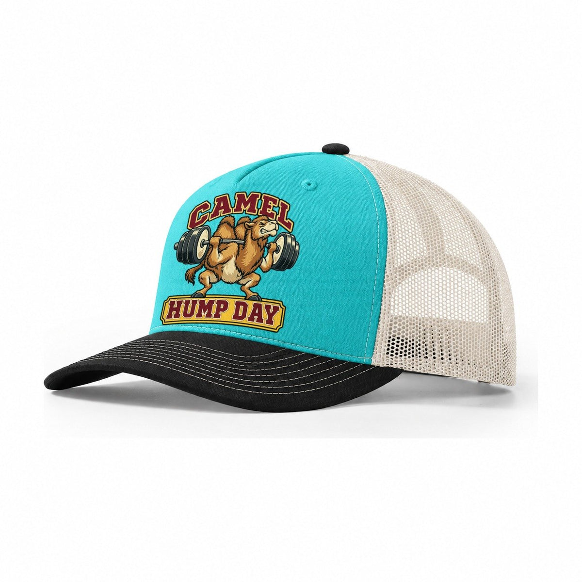 Camel Hump Day Animal Lifters Trucker Hat – Aqua Black White