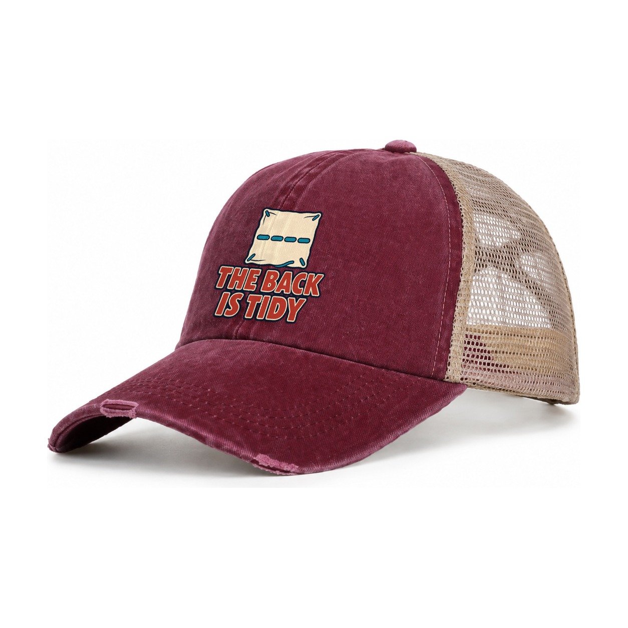 The Back Is Tidy And Needlework Women's Ponytail Trucker Hat – Burgundy Khaki