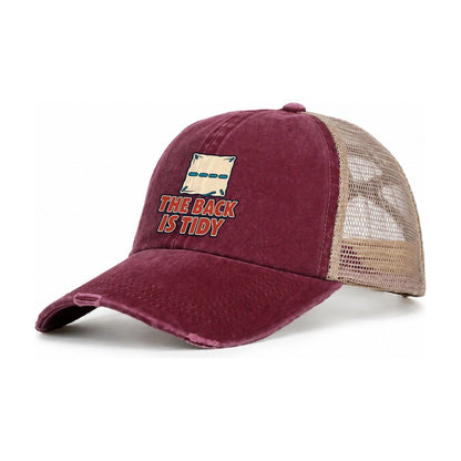 The Back Is Tidy And Needlework Women's Ponytail Trucker Hat – Burgundy Khaki