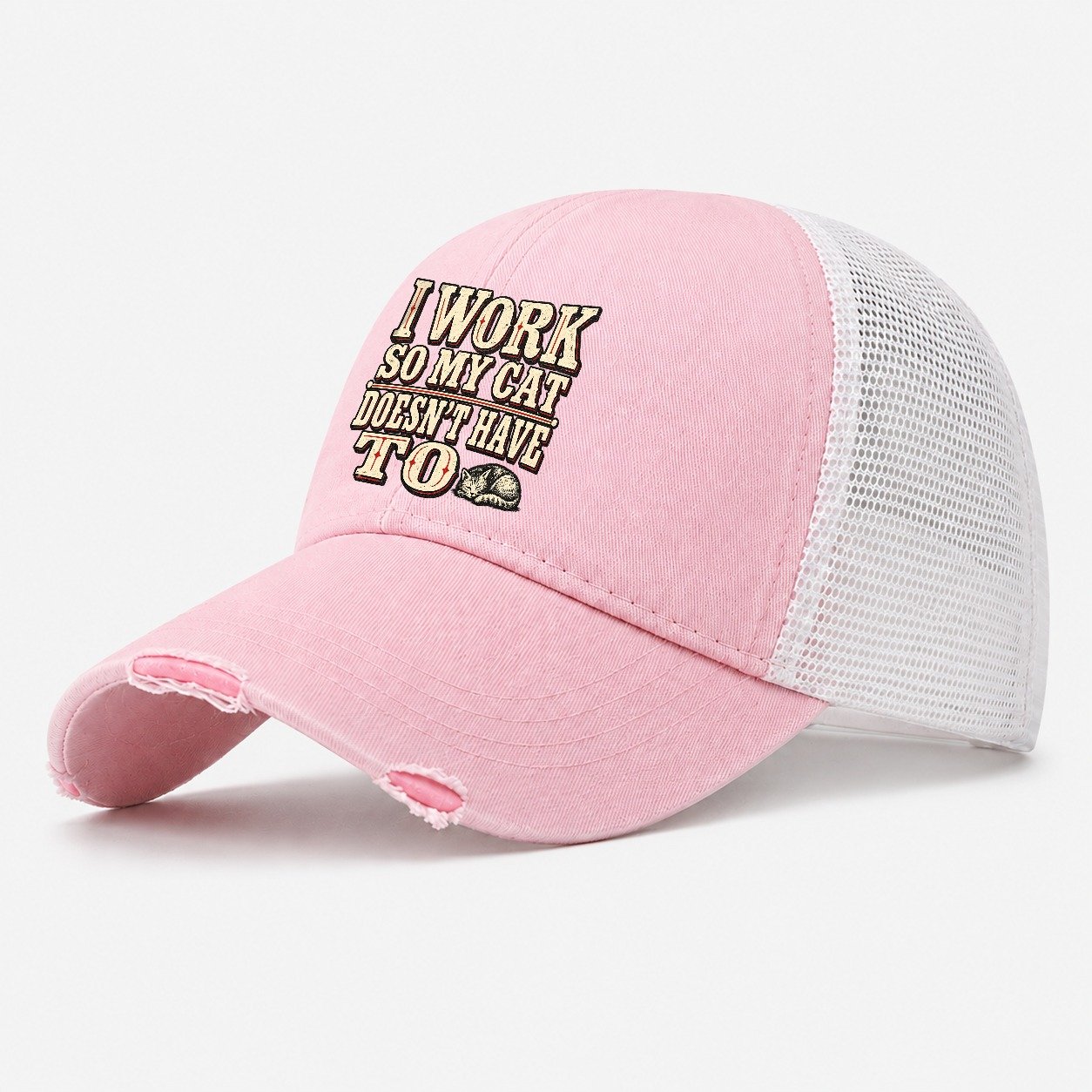 I Work So My Cat Doesn T Have To American Wit Washed Trucker Hat – Light Pink