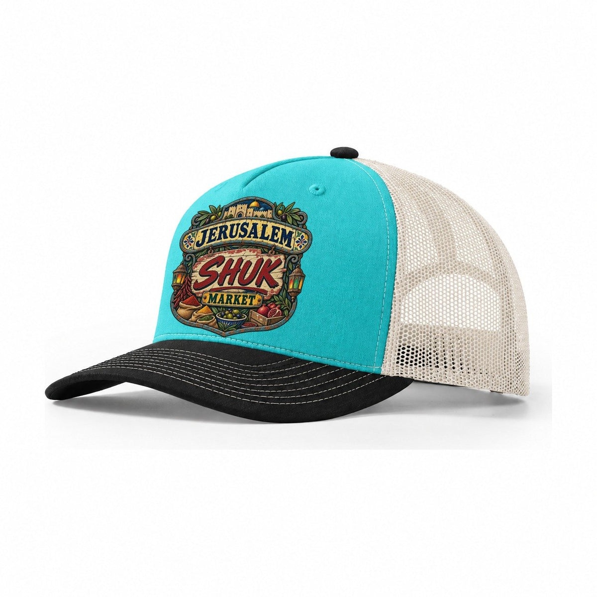 Shuk Market Sign Jerusalem Trucker Hat – Aqua Black White