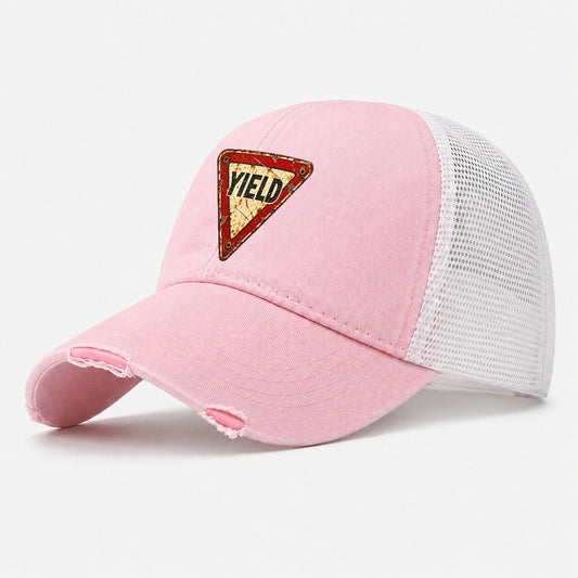 Downward Yield Triangle Weathered Sign Washed Trucker Hat – Light Pink