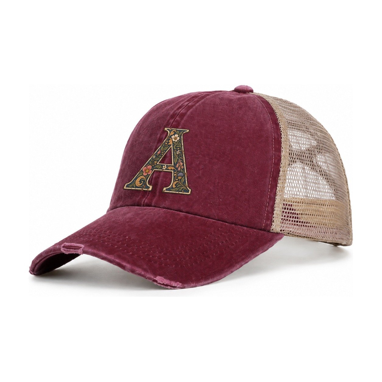 Wildflower A Monogram Women's Ponytail Trucker Hat – Burgundy Khaki