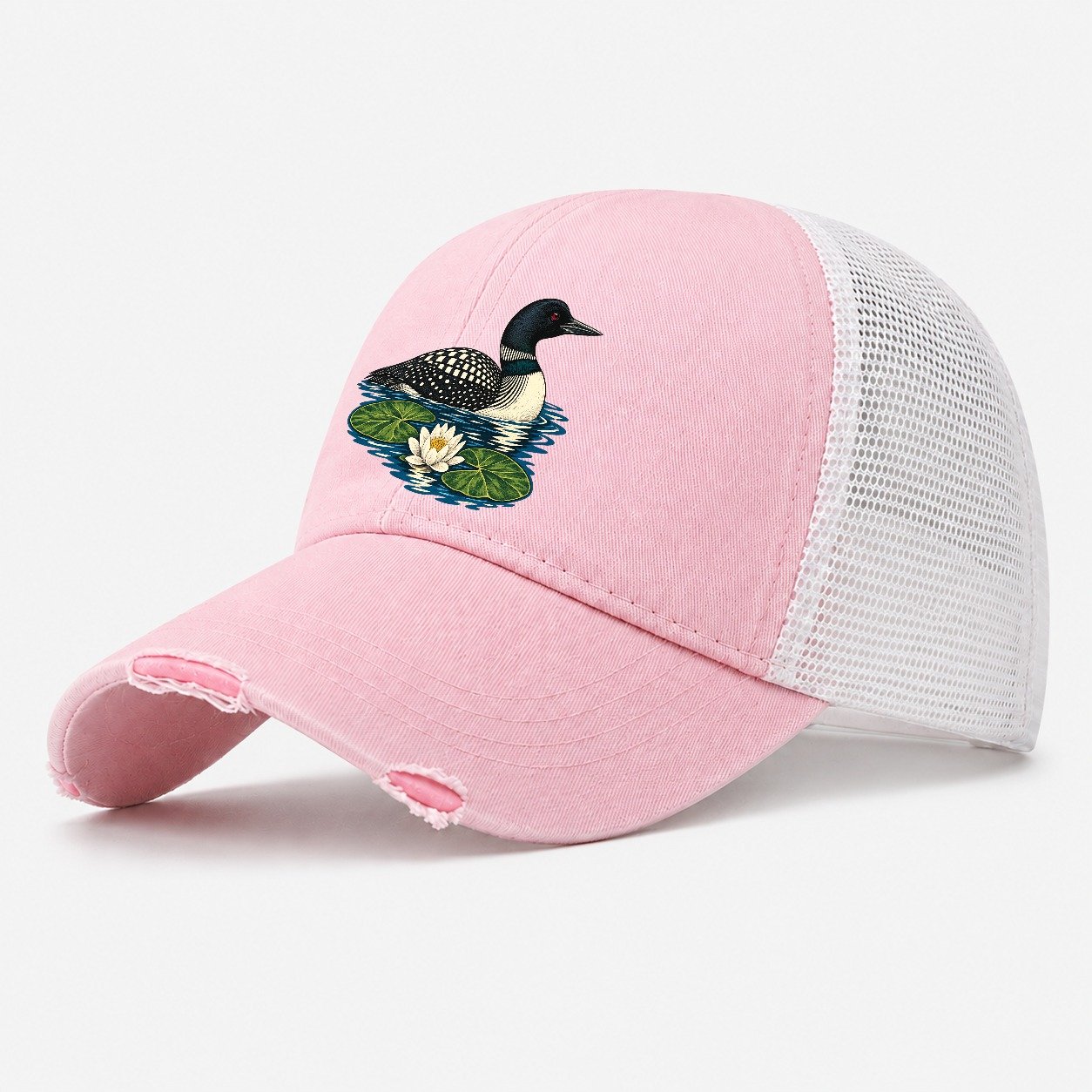 Common Loon And Water Lilies Canada Cultural Icons Washed Trucker Hat – Light Pink