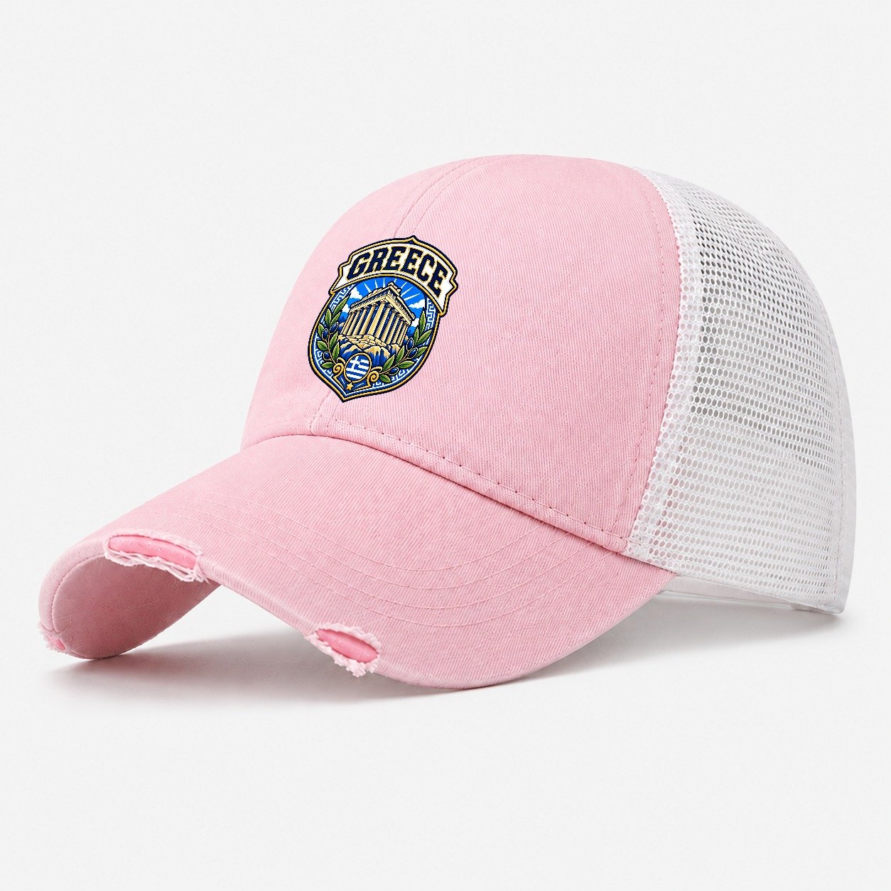Greece Retro Badge Country Logos Washed Trucker Hat – Light Pink