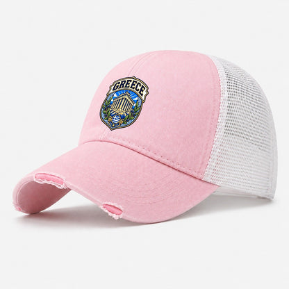 Greece Retro Badge Country Logos Washed Trucker Hat – Light Pink
