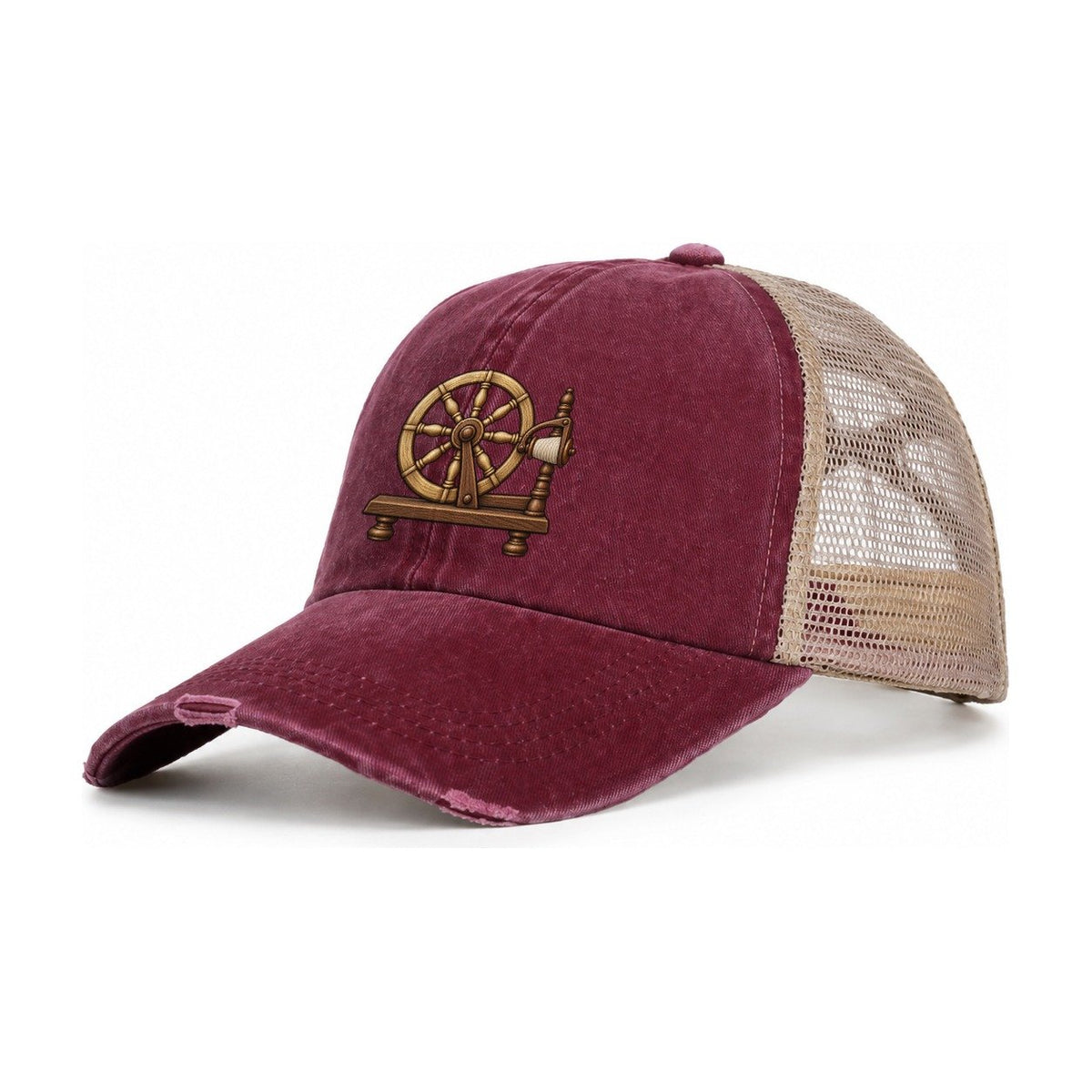 Heritage Spinning Wheel Yarn Crafts Women's Ponytail Trucker Hat – Burgundy Khaki