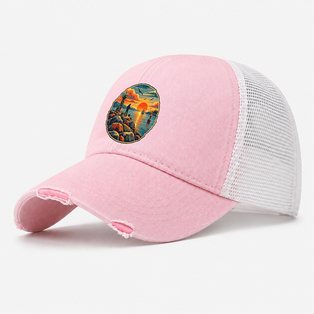 Harbor Jetty Sunset Fishing Club Washed Trucker Hat – Light Pink