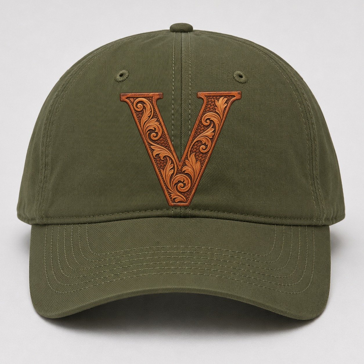 Tooled Leather V Monogram Baseball Cap – Army Green