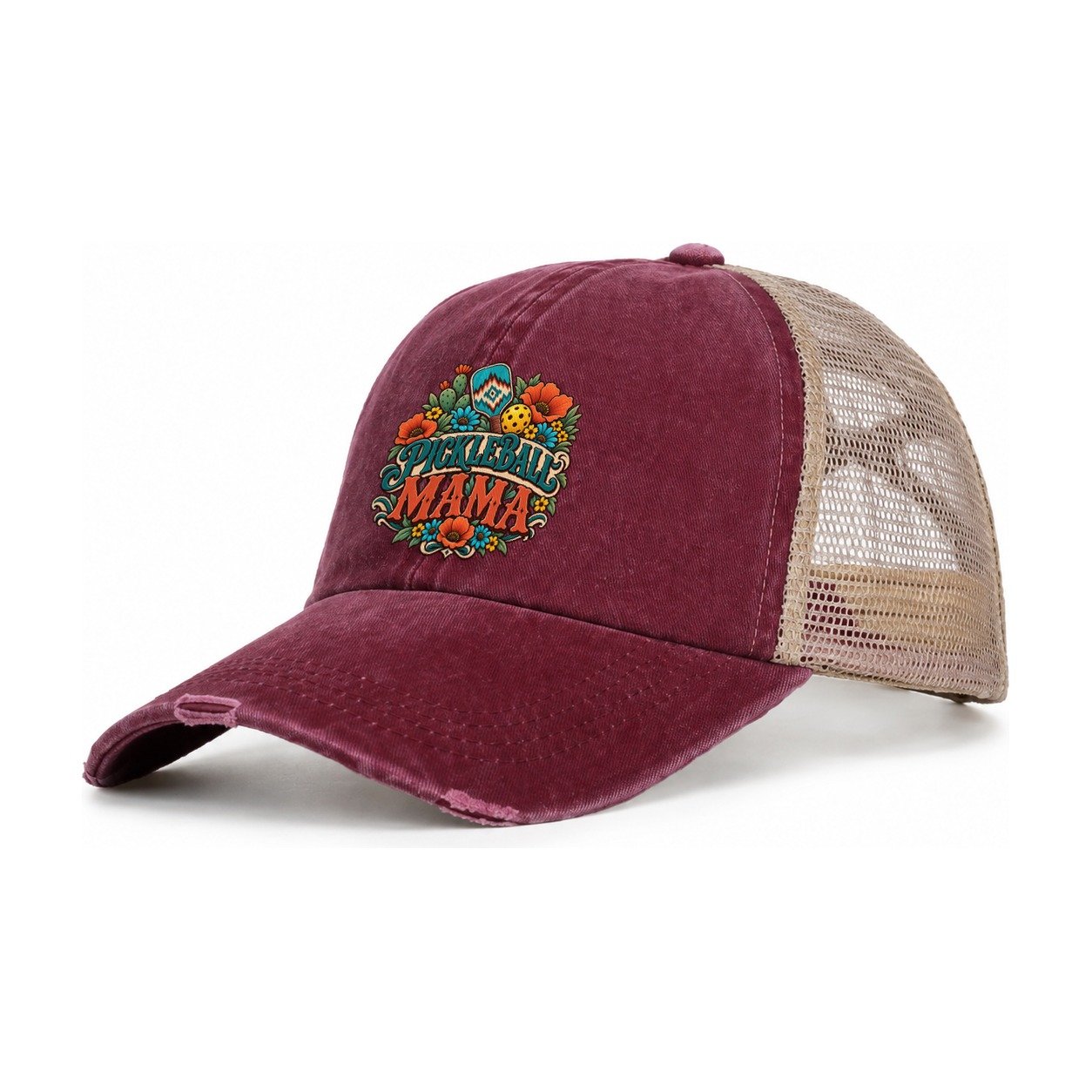 Pickleball Mama Pickleball Life Women's Ponytail Trucker Hat – Burgundy Khaki