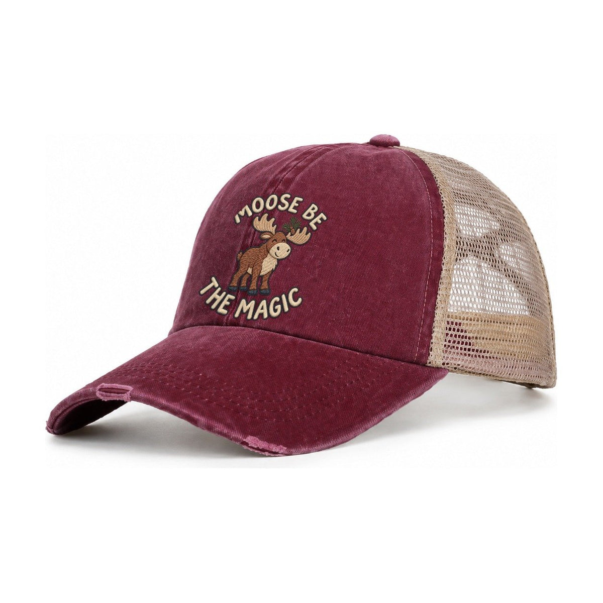 Moose Animal Puns Women's Ponytail Trucker Hat – Burgundy Khaki