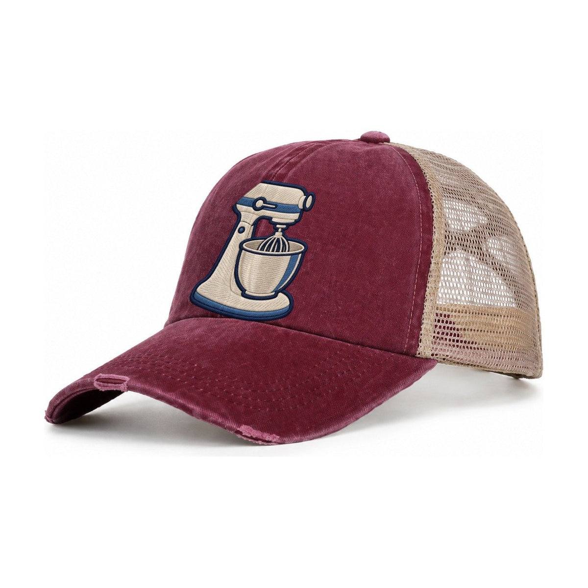 Stand Mixer Tiny Solo Marks Women's Ponytail Trucker Hat – Burgundy Khaki