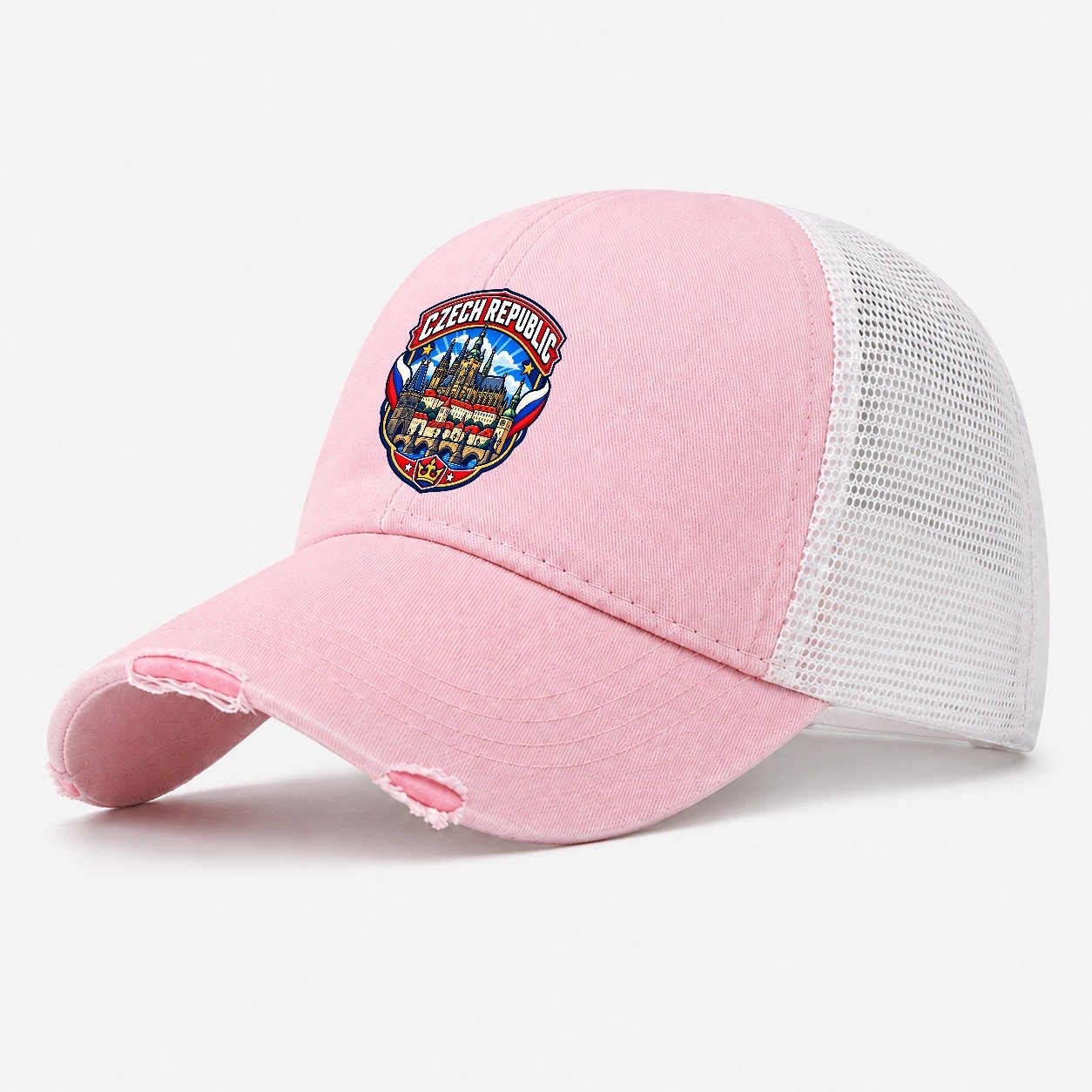 Czech Republic Retro Badge Country Logos Washed Trucker Hat – Light Pink