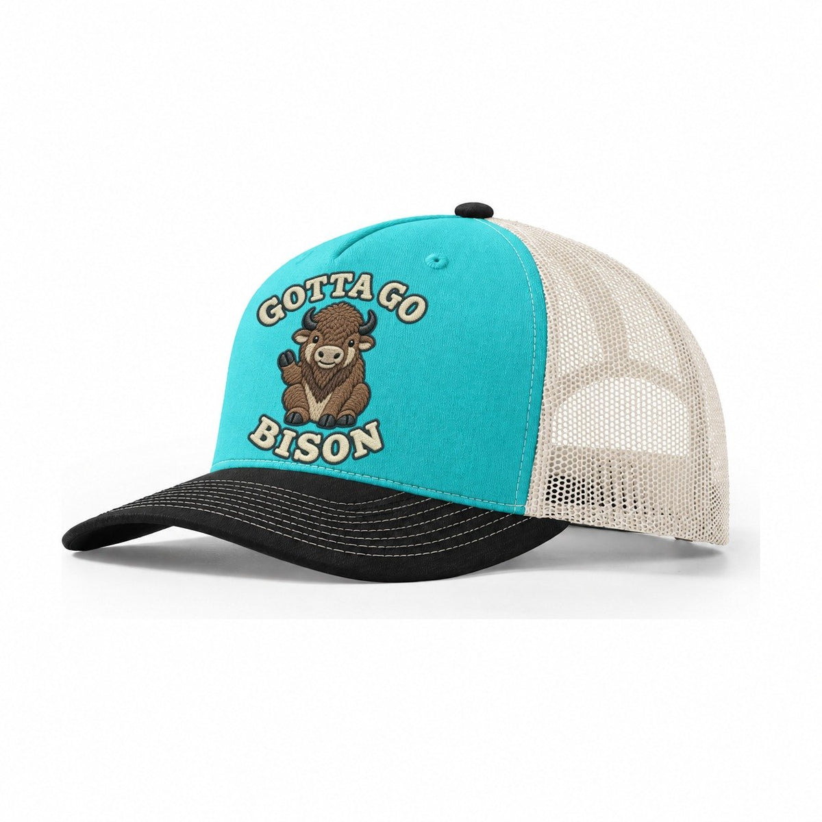 Bison Animal Puns Trucker Hat – Aqua Black White