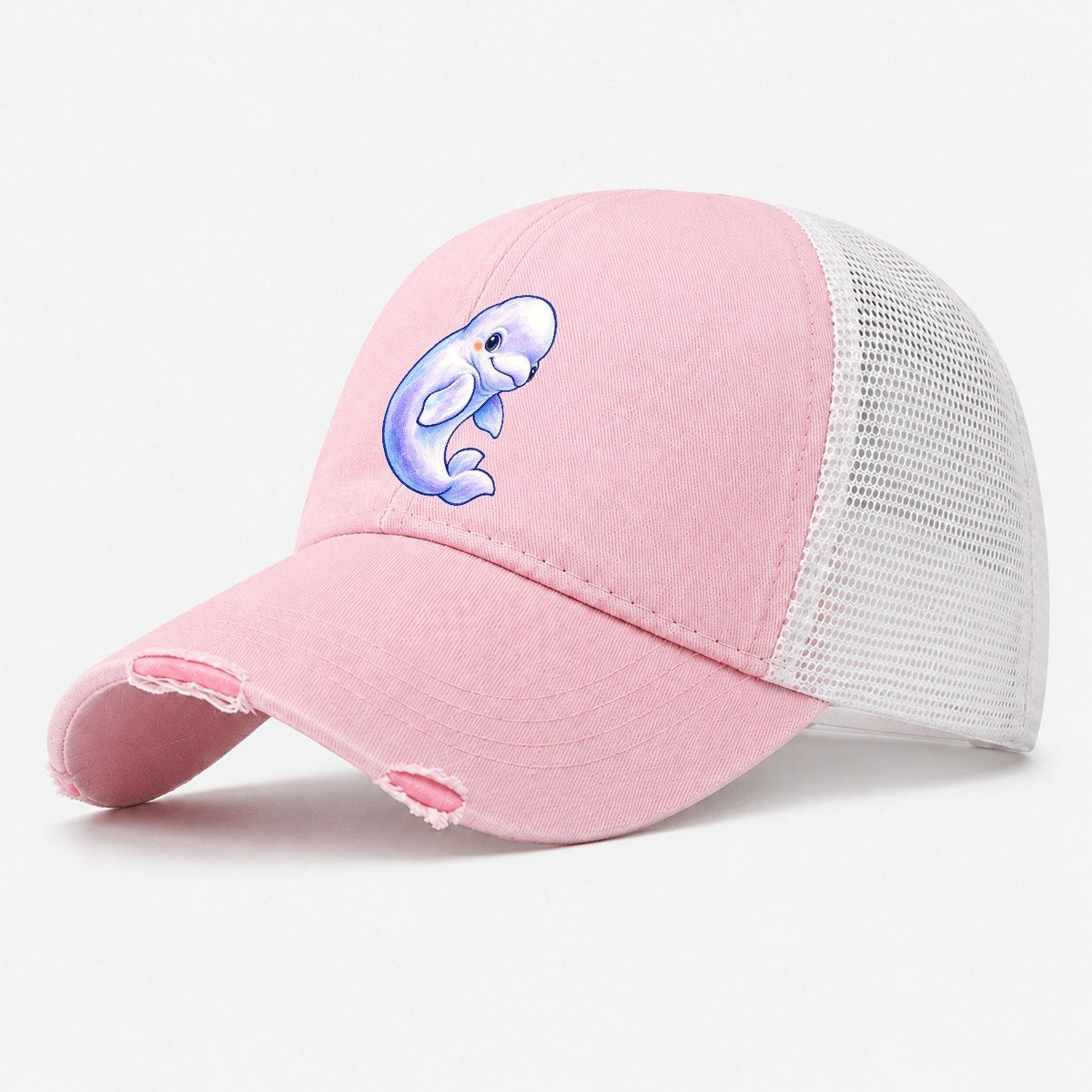 Beluga Whale Gentle Turn Sea Sprite Washed Trucker Hat – Light Pink