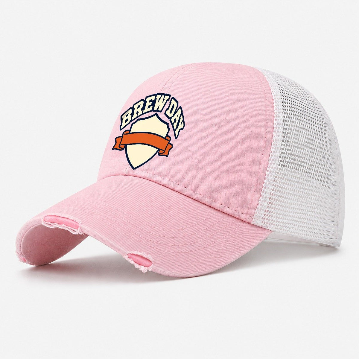 Brew Day Banner Washed Trucker Hat – Light Pink