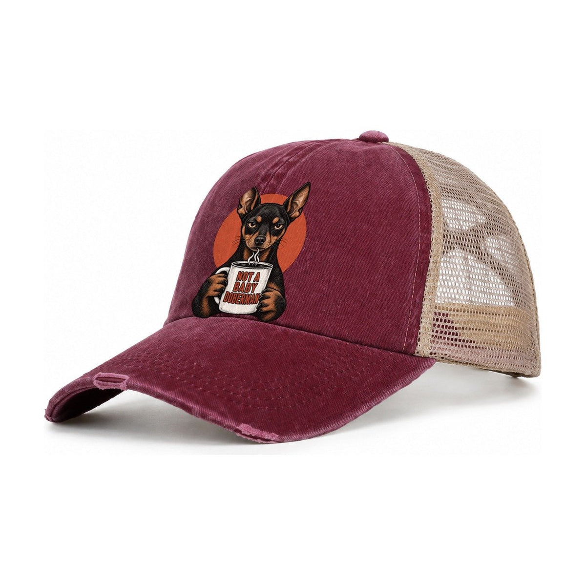 Miniature Pinscher Mug Truths Dog Mug Truths Women's Ponytail Trucker Hat – Burgundy Khaki