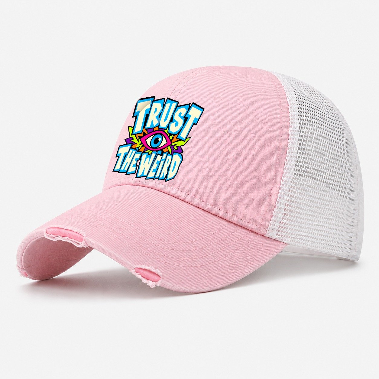 Trust The Weird Crazy Styles Washed Trucker Hat – Light Pink
