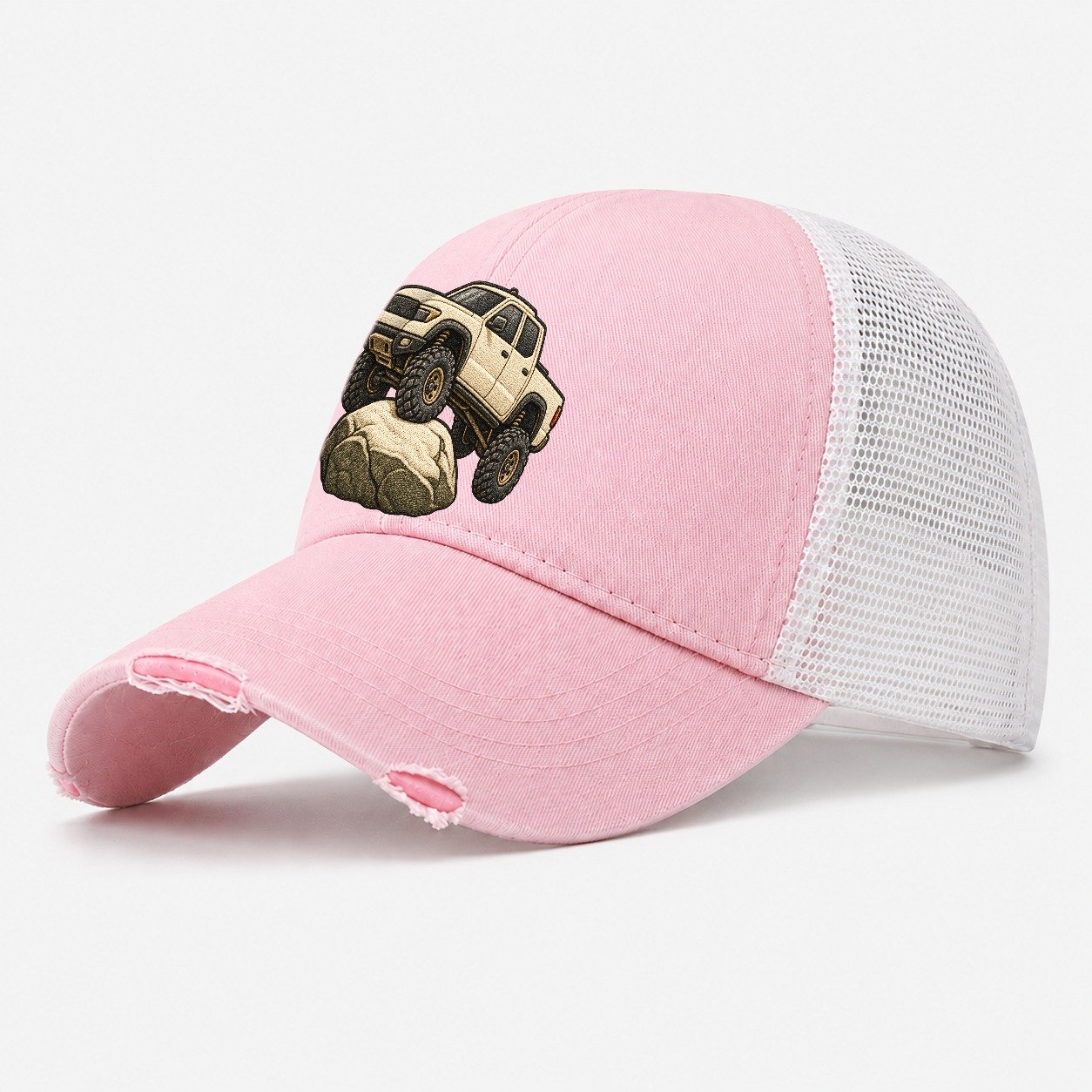 Lifted Pickup On A Boulder Off Roading And Overlanding Washed Trucker Hat – Light Pink