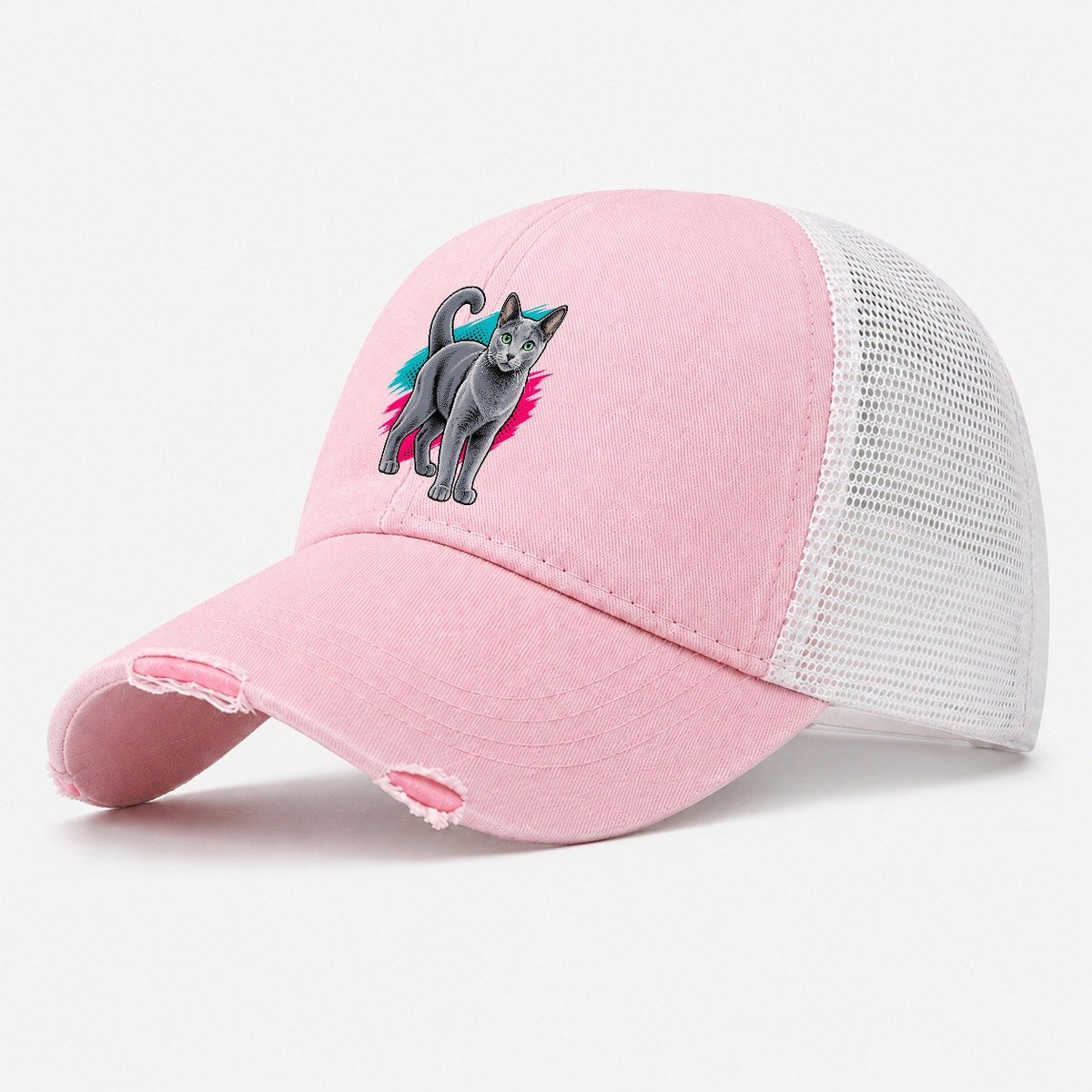 Pop Art Russian Blue Cat Standing Three Quarter Washed Trucker Hat – Light Pink