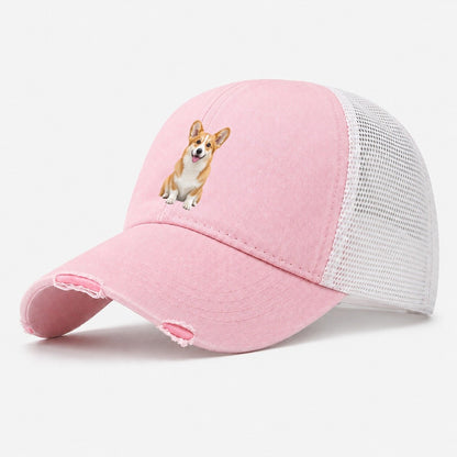 Pembroke Welsh Corgi Sitting Top Breeds Washed Trucker Hat – Light Pink