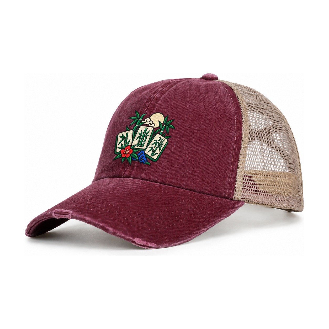 Bamboo Garden Mahjong Game Night Women's Ponytail Trucker Hat – Burgundy Khaki