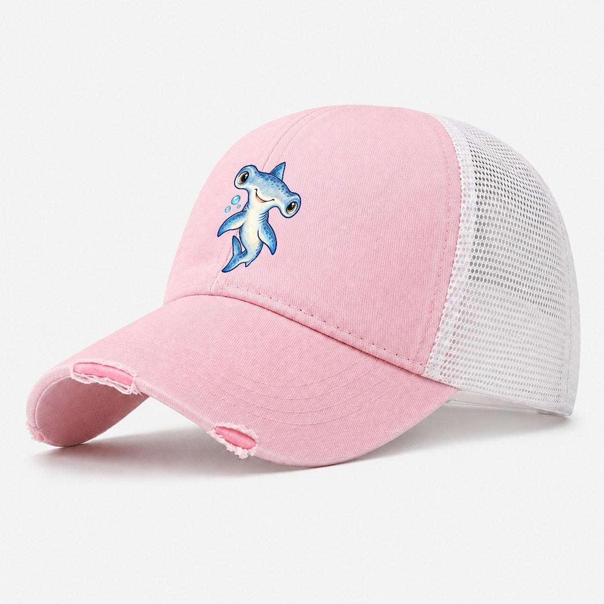 Hammerhead Shark Curious Tilt Sea Sprite Washed Trucker Hat – Light Pink