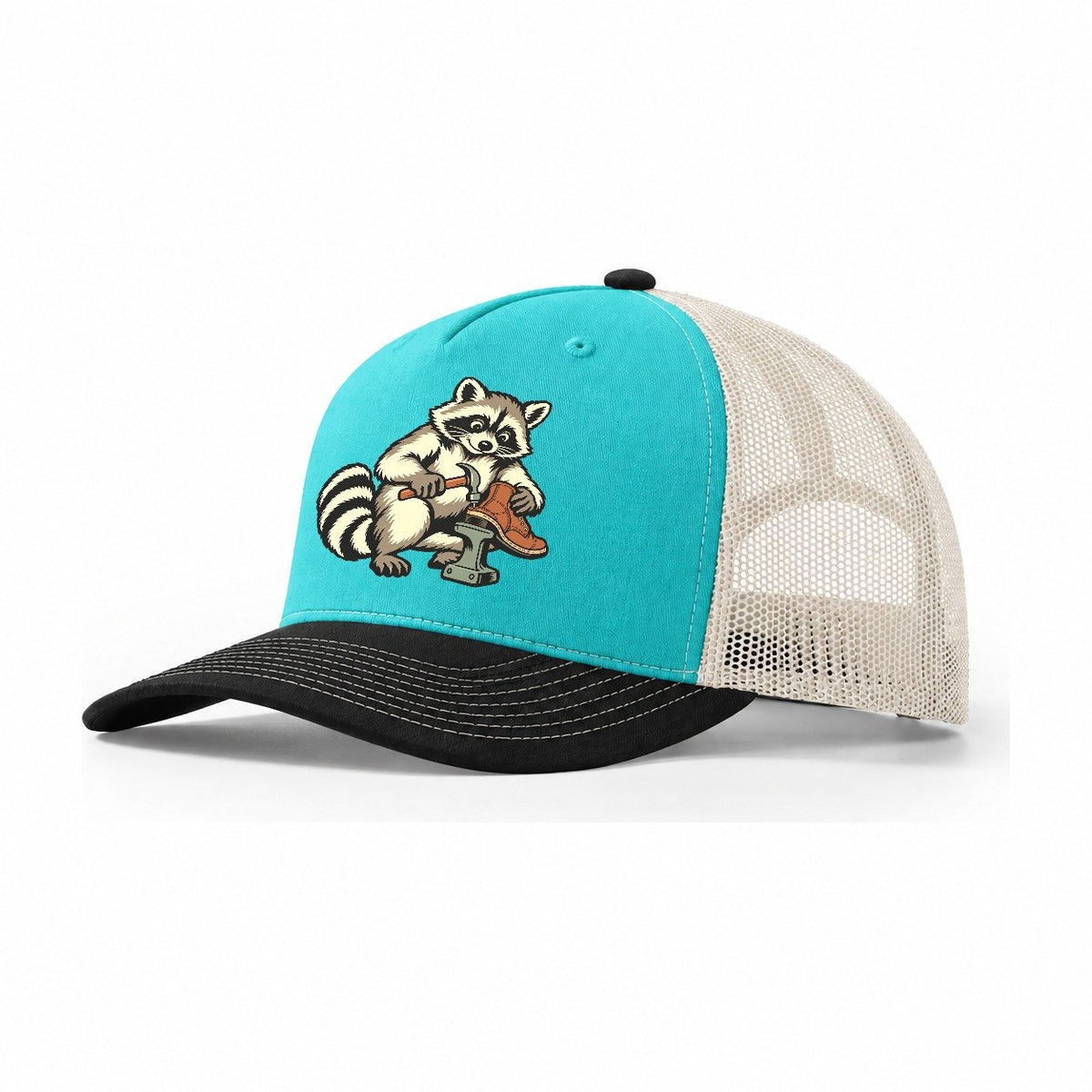 Raccoon Cobbler Sundown Familiars Trucker Hat – Aqua Black White