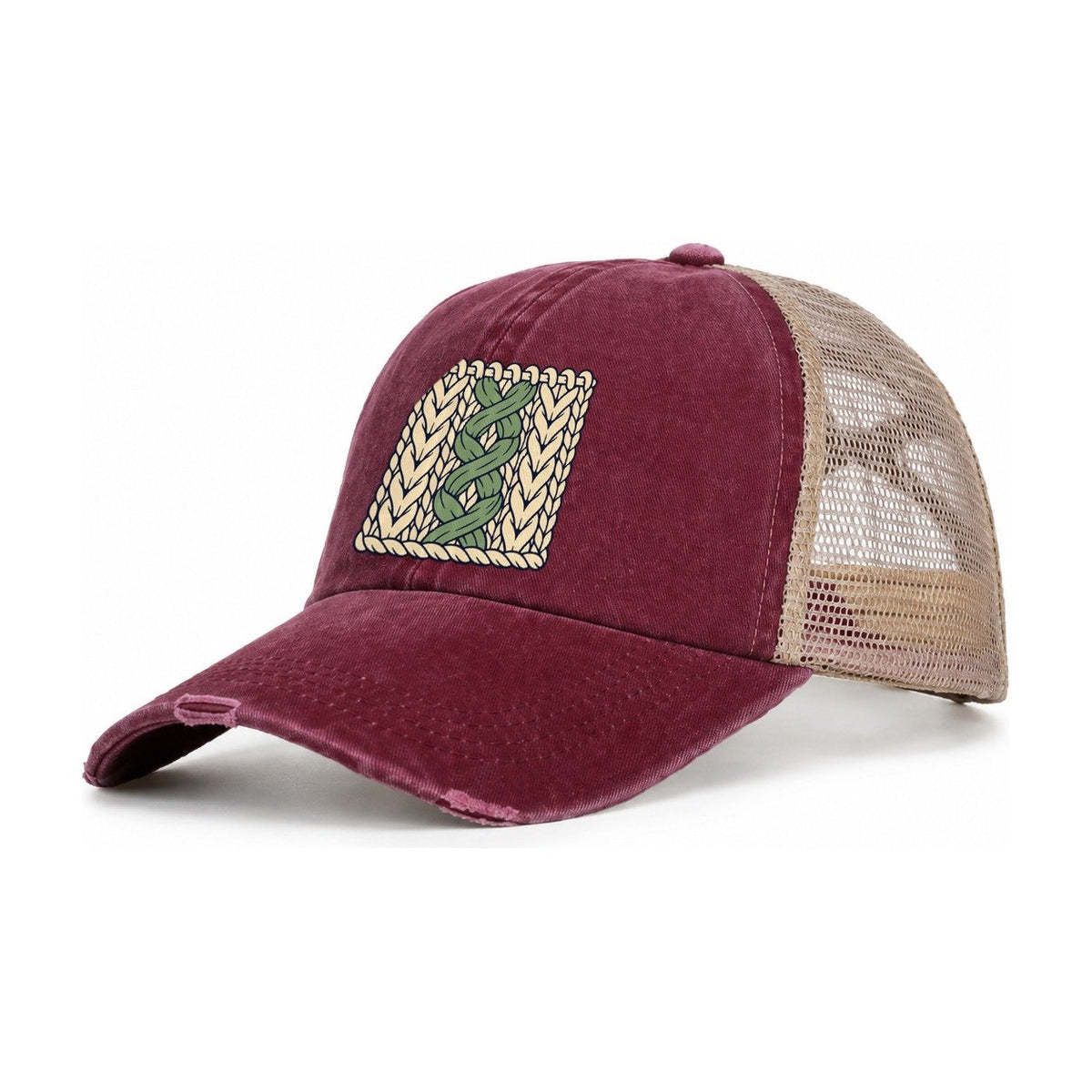 Cable Stitch Swatch Yarn Crafts Women's Ponytail Trucker Hat – Burgundy Khaki
