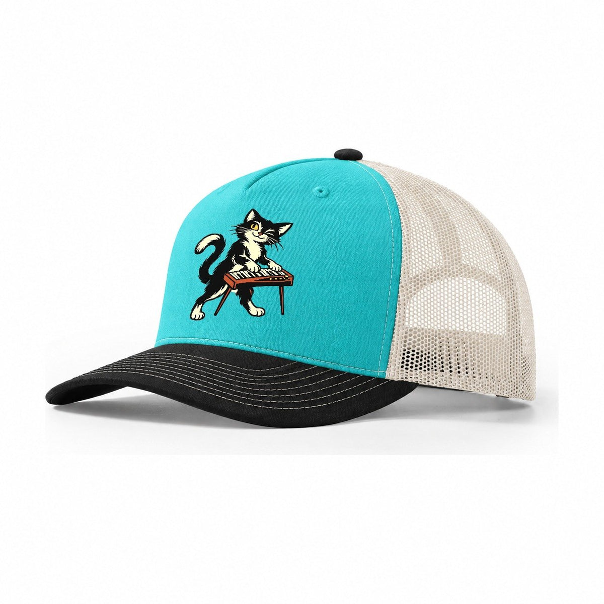Black Cat Night Pianist Sundown Familiars Trucker Hat – Aqua Black White