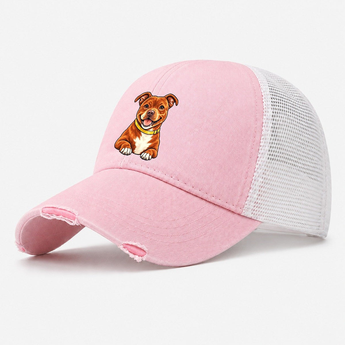 Red Staffy Washed Trucker Hat – Light Pink