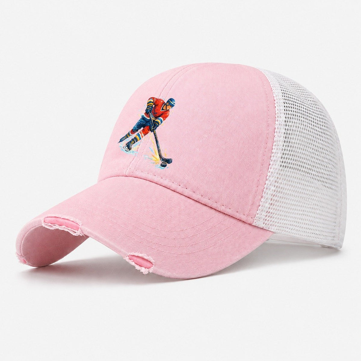 Ice Hockey Player Shooting Puck Washed Trucker Hat – Light Pink