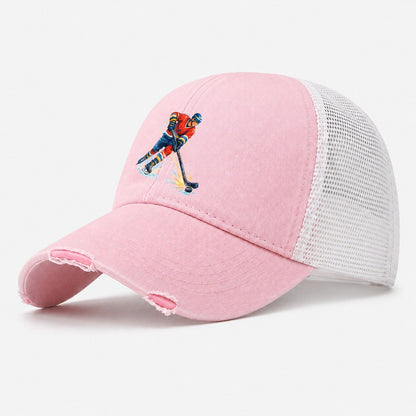 Ice Hockey Player Shooting Puck Washed Trucker Hat – Light Pink
