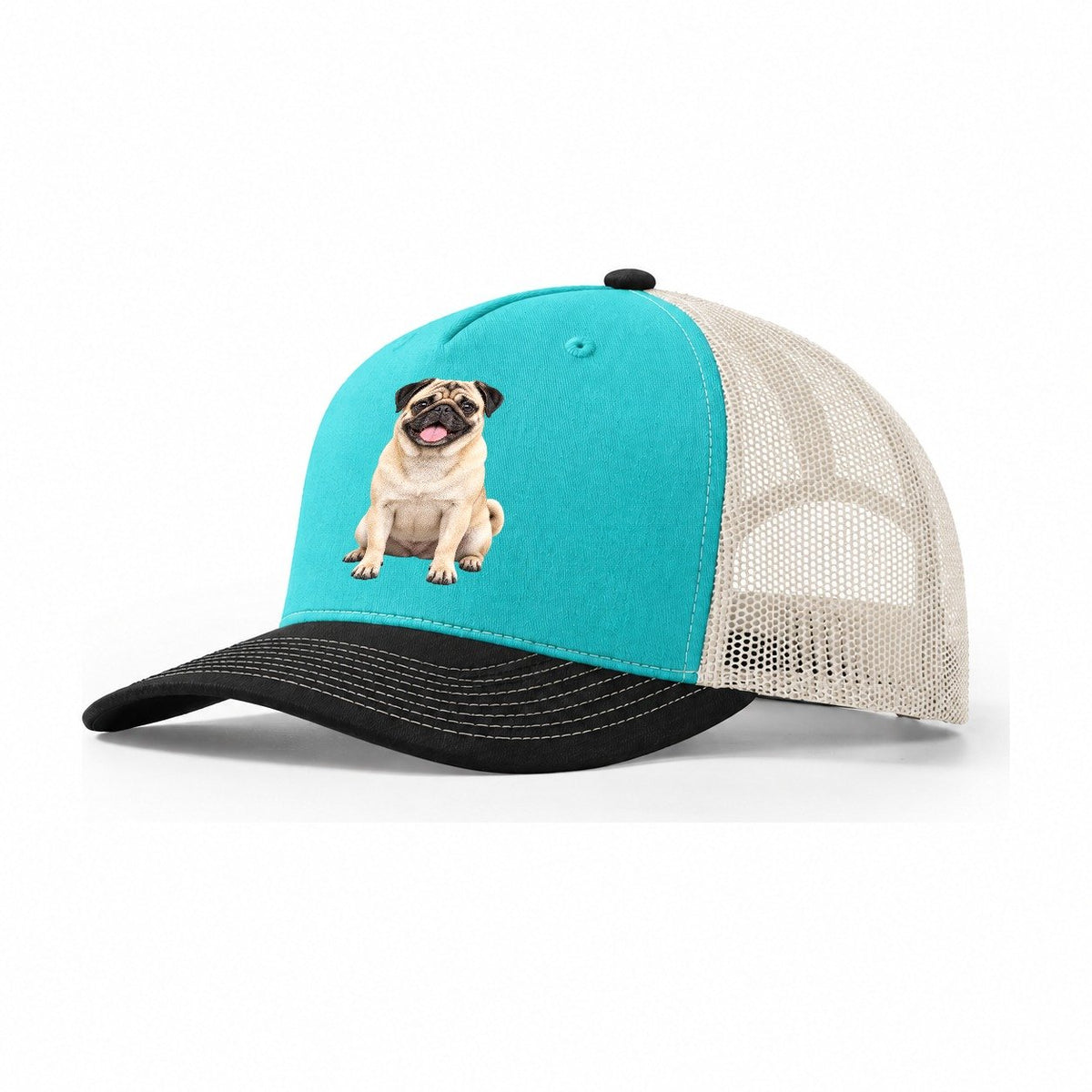 Pug Sitting Top Breeds Trucker Hat – Aqua Black White