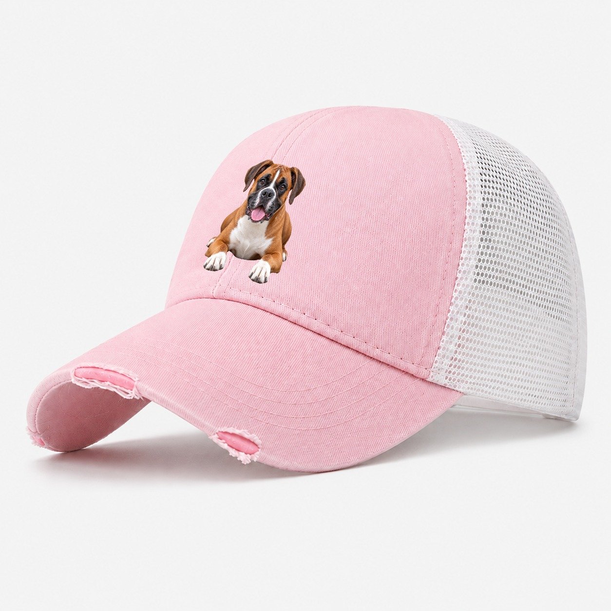 Boxer Lying Down Top Breeds Washed Trucker Hat – Light Pink