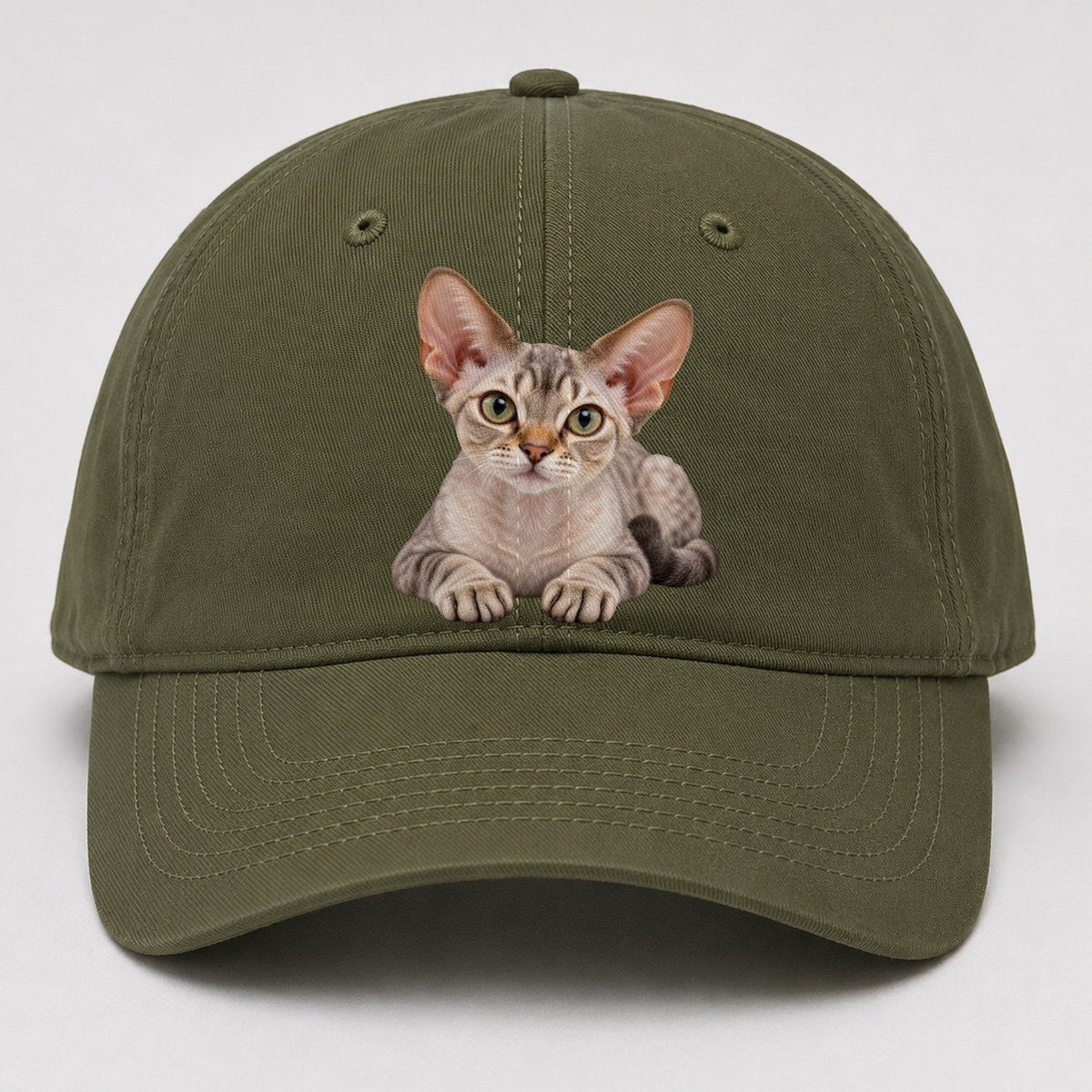 Devon Rex Reclining Paws Forward Realistic Cat Portrait Baseball Cap – Army Green