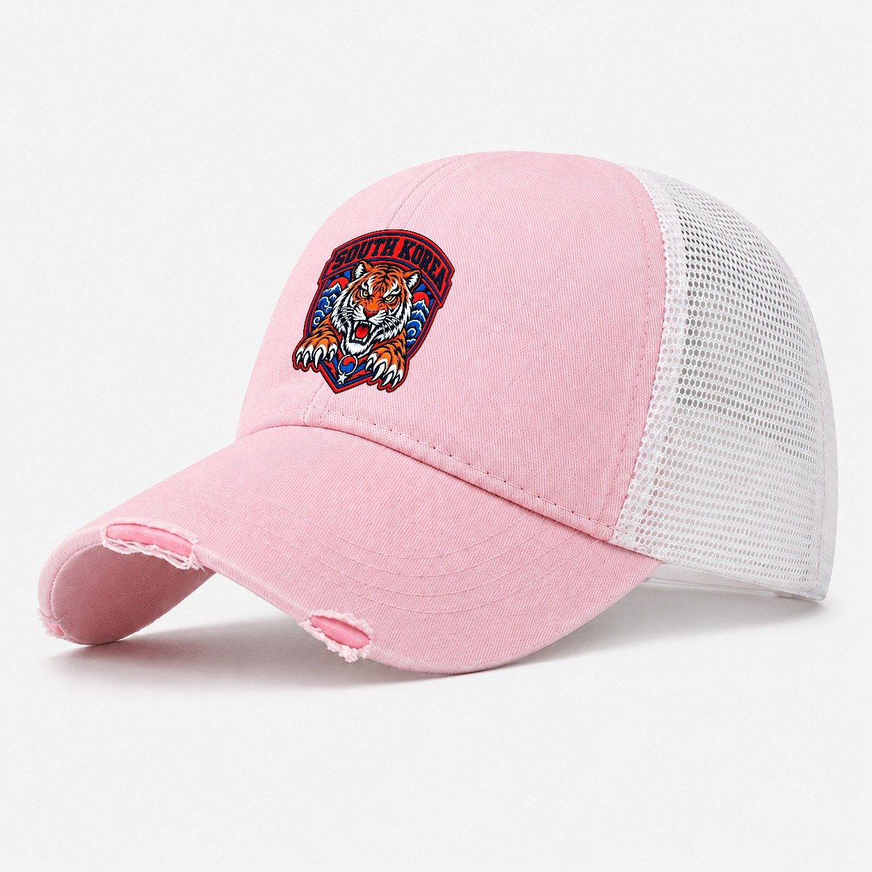 South Korea Retro Badge Country Logos Washed Trucker Hat – Light Pink